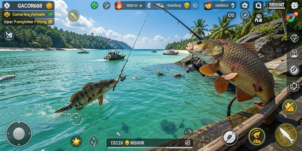 Screenshot menampilkan gameplay GACOR668 dengan aksi memancing yang mendebarkan.