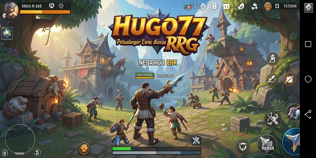 Tangkapan layar gameplay HUGO77 menampilkan karakter bertarung di dunia yang penuh warna.