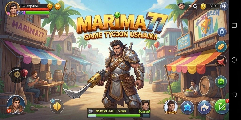 Screenshot menunjukkan gameplay seru dan strategi bisnis dalam MARIMA77.