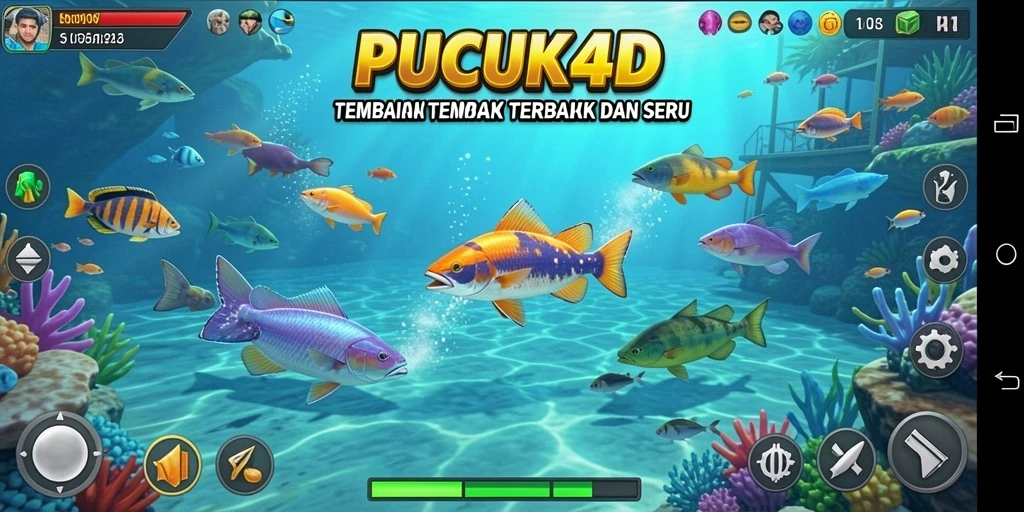 Screenshot utama menunjukkan gameplay seru dalam PUCUK4D saat menembak ikan.