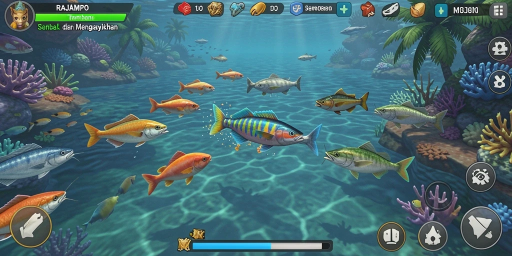 Gameplay seru dalam RAJAMPO dengan berbagai ikan menunggu untuk ditembak.